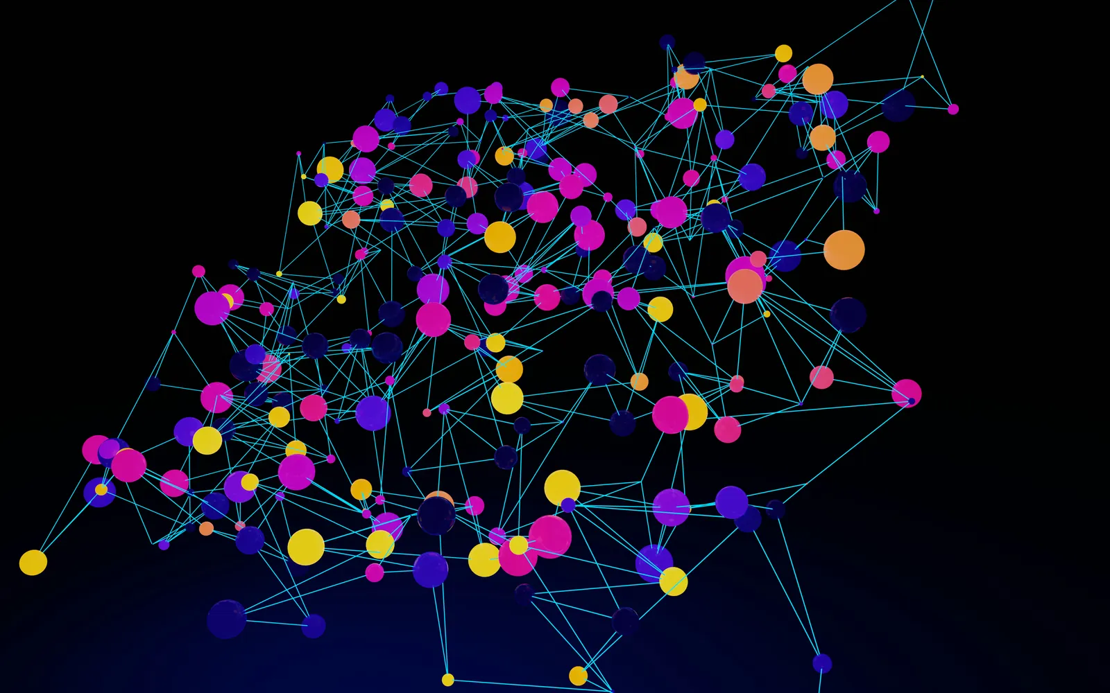 An abstract network graph of brightly coloured nodes connected by thin lines on a black background