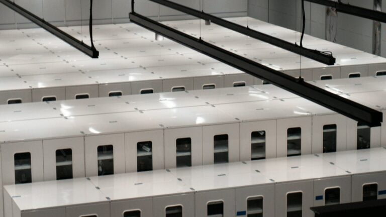 Rows of white server cabinets running the length of a brightly lit data centre