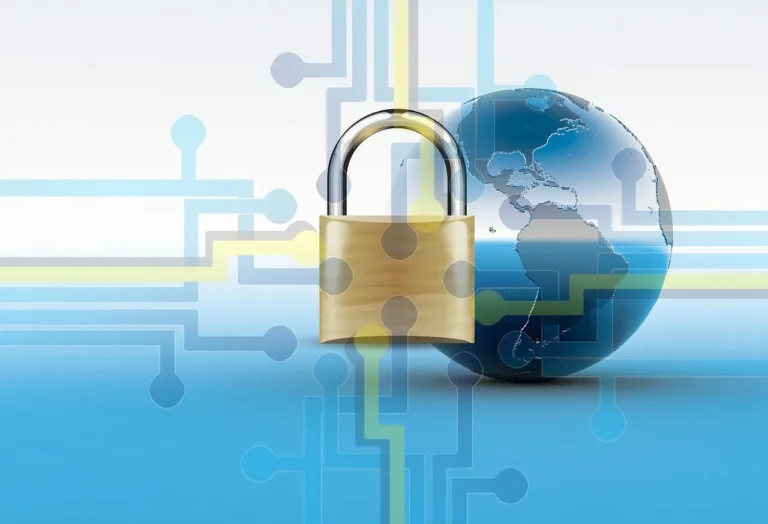 Illustration of a gold padlock in front of a globe and circuit-board lines