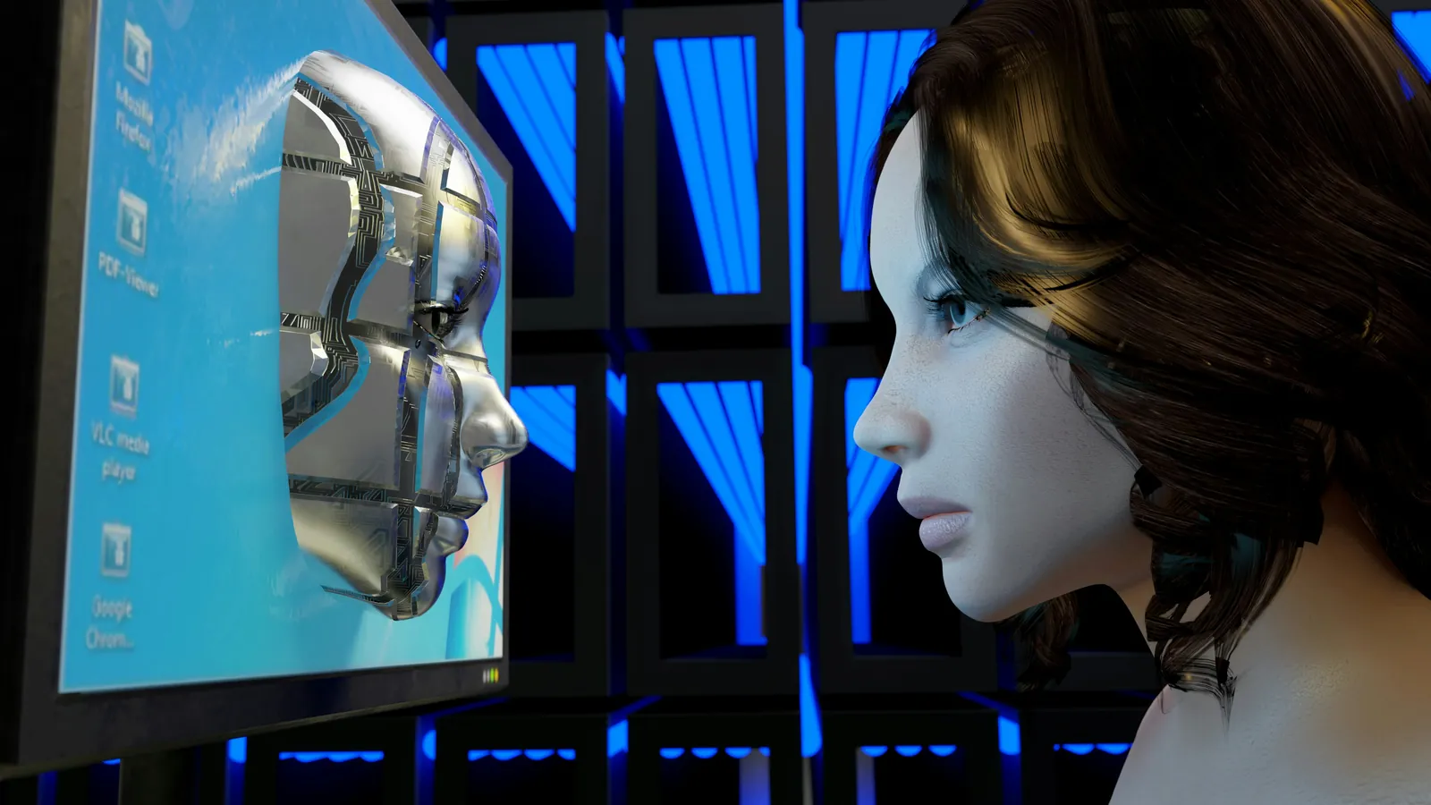 A polished metallic humanoid face on a blue screen, facing the profile of a woman looking at it