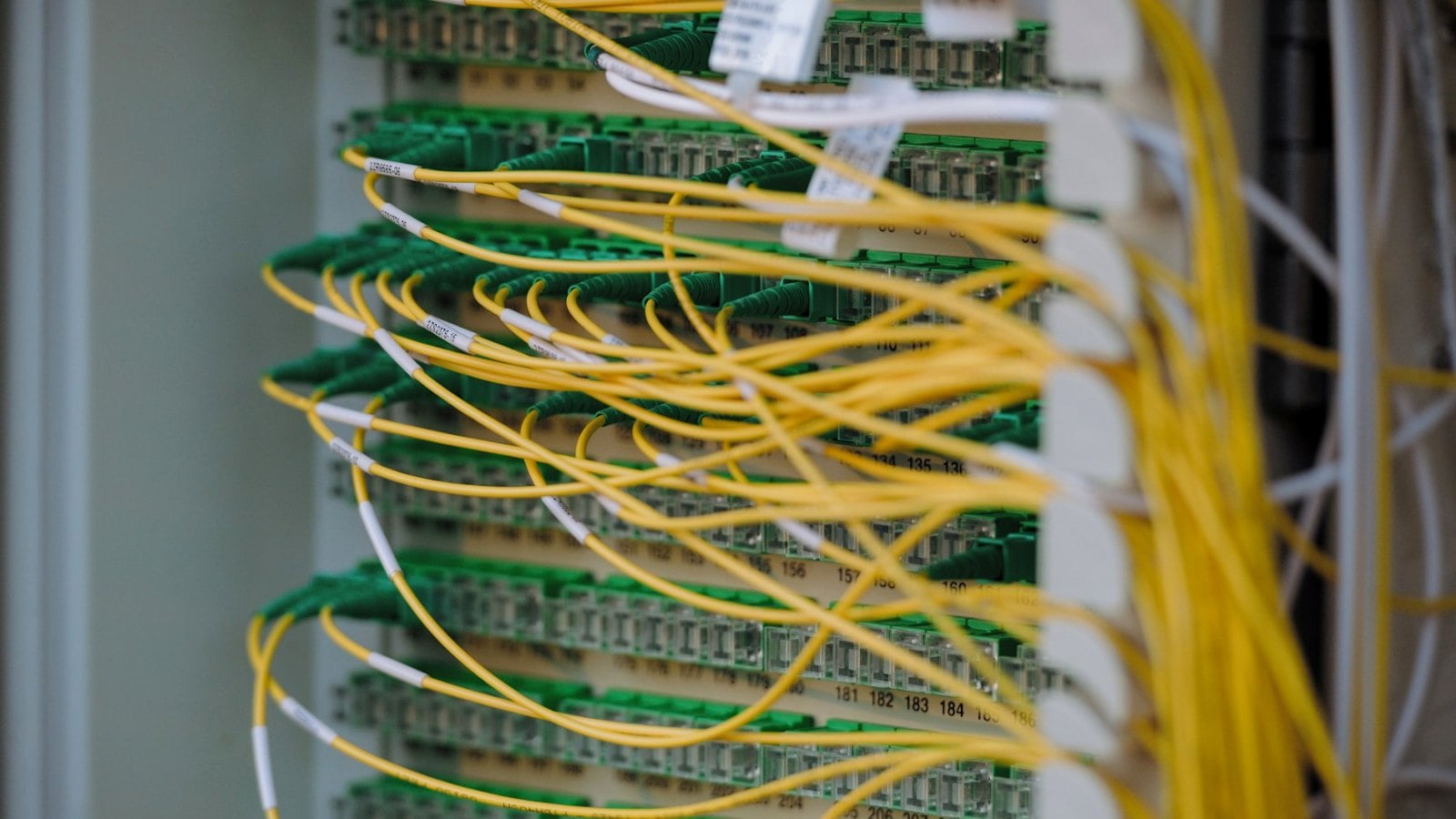 Green and yellow fibre optic cables neatly routed across the front of a network rack