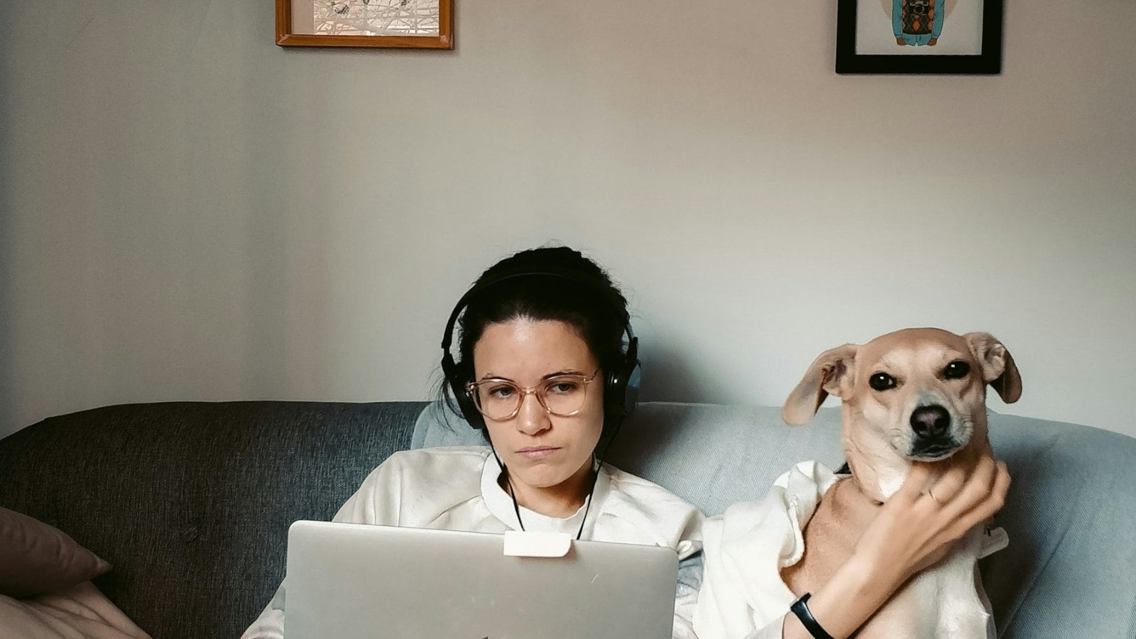 A woman wearing headphones working on a laptop on a sofa at home, holding a dog beside her