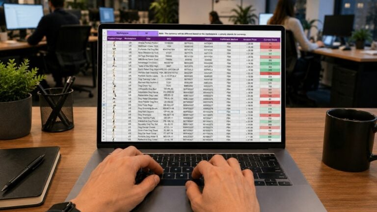Hands typing on a laptop showing a large spreadsheet of colour-coded rows, in an open-plan office